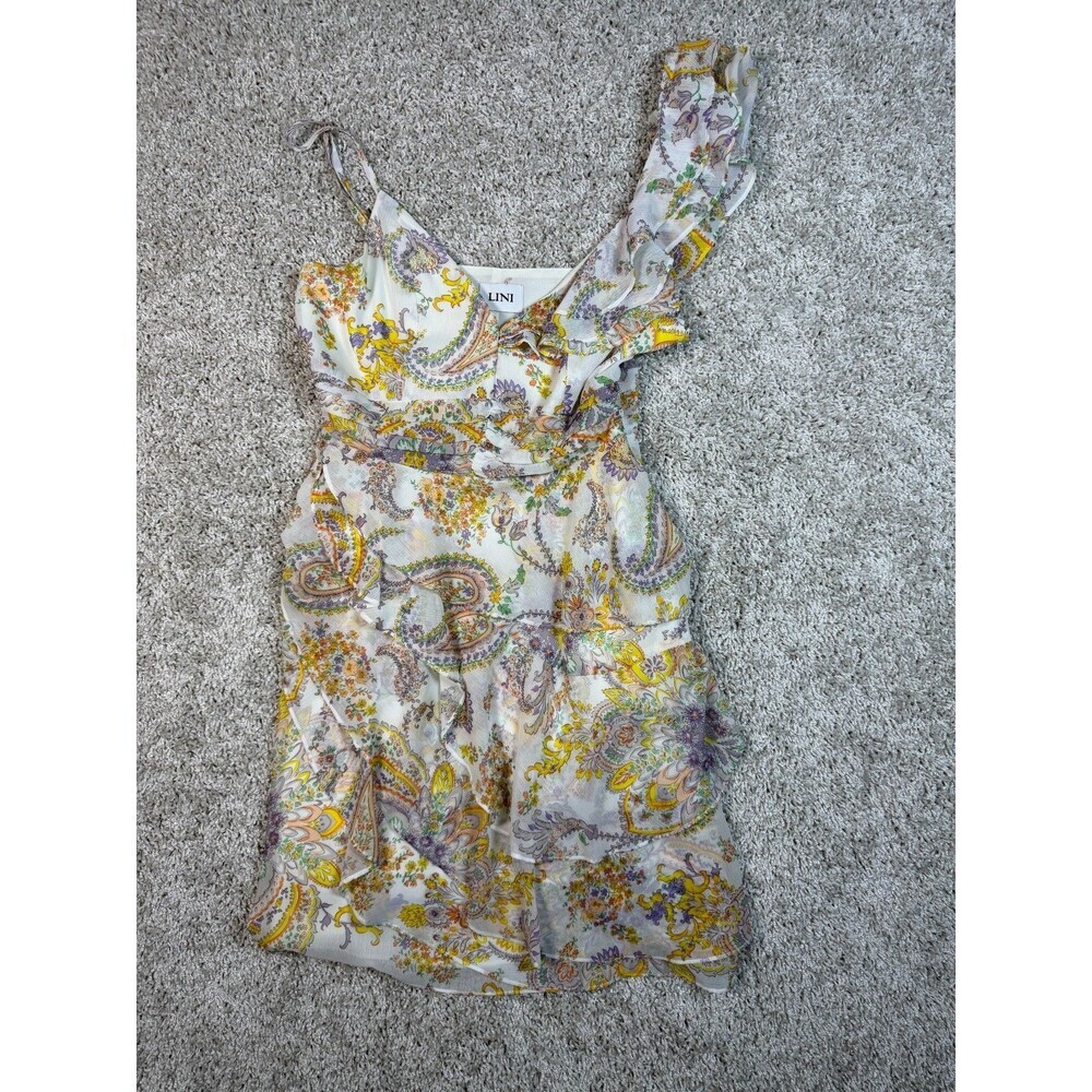 LINI One Shoulder Paisley Ruffle Dress Women XS Floral Tiered Mini Dress
